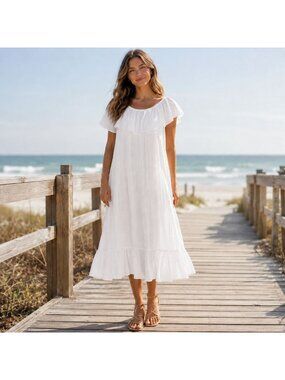 Sapphira Women’s White Ruffle Off Shoulder Boho Midi Dress Size S